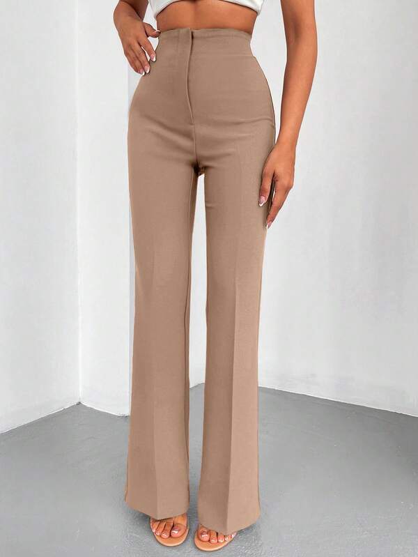 SHEIN Tall Tall Women's Solid Color High Waist Zipper Straight Leg Long Casual Pants