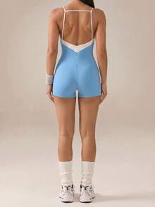SHEIN BAE Mono deportivo ajustado de verano con espalda descubierta y contraste de color - Azul - Ver 4