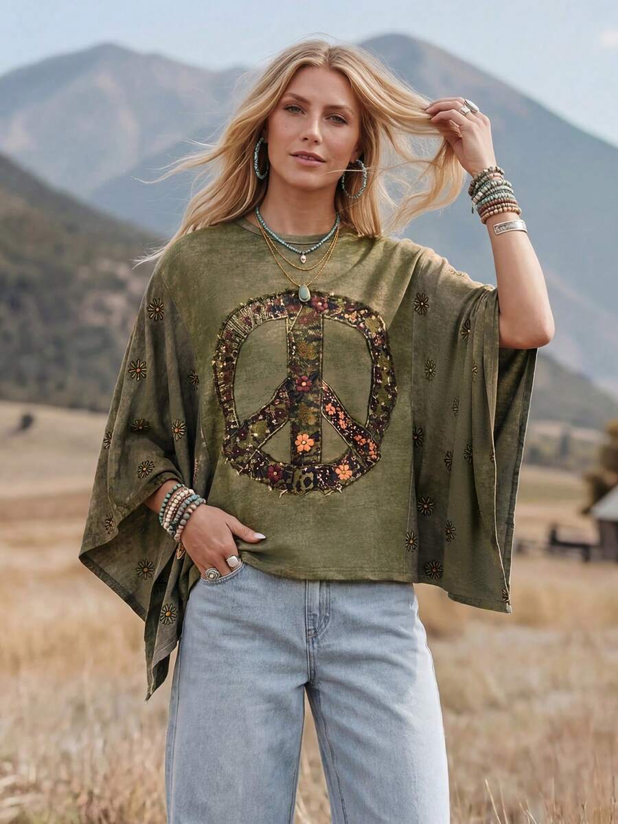 Wildy Tenue d'été décontractée BOHO style western country avec patchwork blocs de couleurs pour femme, top ample asymétrique basique pour sorties et trajets quotidiens - Militaire verte - Voir 1