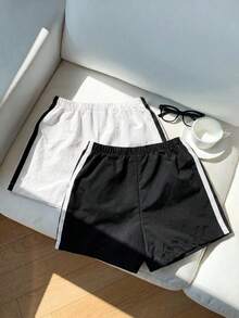 SHEIN 女嬰 2件組編織純色修身休閒下裝套裝 - 黑與白 - 查看 2