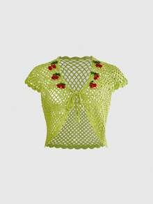 Sweetness Spring/Summer Vacation Handmade Crochet Knit Cardigan Cute Cherry Hand-Crocheted Women's Knit Top - Green - View 13