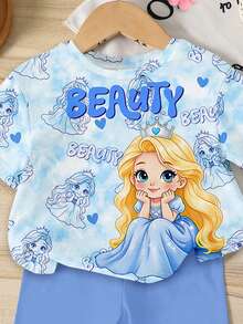 Summer Baby Girl Casual Multi-Piece Set, Brown & Apricot Leopard Print Cartoon Rabbit Pattern, Round Neck Short Sleeve T-Shirt & Shorts - Multicolor - View 3