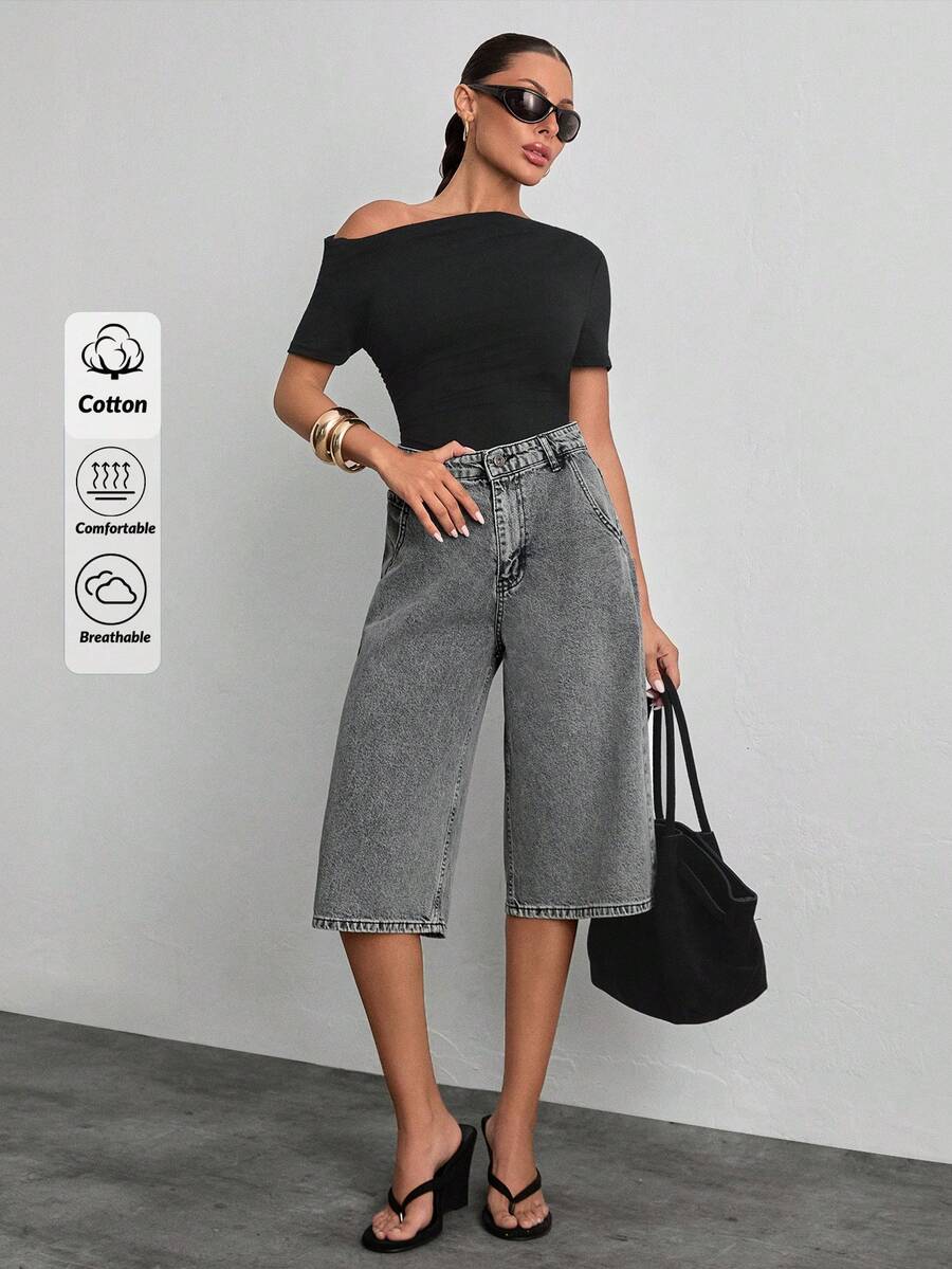 Women Casual Denım Short Long Comfortable And Straigh Fit For Summer High Quality - Grey - View 1