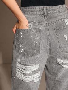 Anewsta Women's Fashion Ripped Rhinestone Embellished Straight Leg Jeans - Grey - View 2