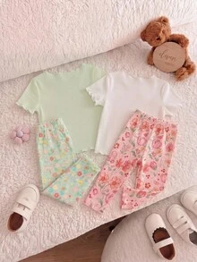 SHEIN Bộ 4 món đồ ngủ cho bé gái, họa tiết gấu hoạt hình dễ thương và hoa, cổ tròn, tay ngắn, viền bèo nhún, chất liệu dệt kim, thoải mái. - Nhiều màu - Xem 6