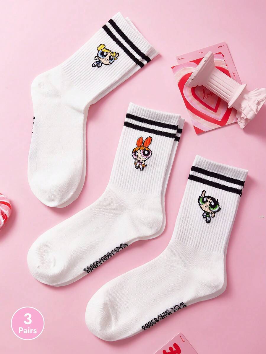 THE POWERPUFF GIRLS X SHEIN 3入組女款中筒條紋襪 - 白色 - 查看 1