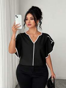 SHEIN Elenzya 女款大尺碼度假風拼色對比飾邊花瓣袖上衣 - 黑色 - 查看 6