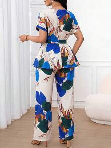 SHEIN Lady 女款葉脈印花腰部打結上衣與長褲休閒日常兩件套 - 藍色 - 查看 2