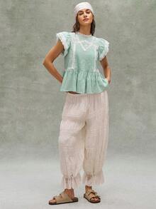 Bohemela 女款夏季浪漫度假法式波西米亞音樂節刺繡荷葉邊蕾絲拼接襯衫上衣，隨性休閒風格，夏季上衣，女款夏季穿搭，隨性放鬆穿衣風格，女款服裝，沙灘穿搭，夏季度假穿搭 - 薄荷綠 - 查看 4