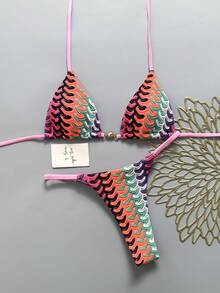 Swim Mod Women's Spring/Summer New Special Fabric Metal Decor V-Neck Halter Backless Triangle Bikini Set 2-Piece Swimsuit - Multicolor - View 3