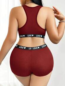 SHEIN Plus Size Solid Color Patchwork Sleeveless Minimalist Top And Bottom Lingerie Set - Burgundy - View 2