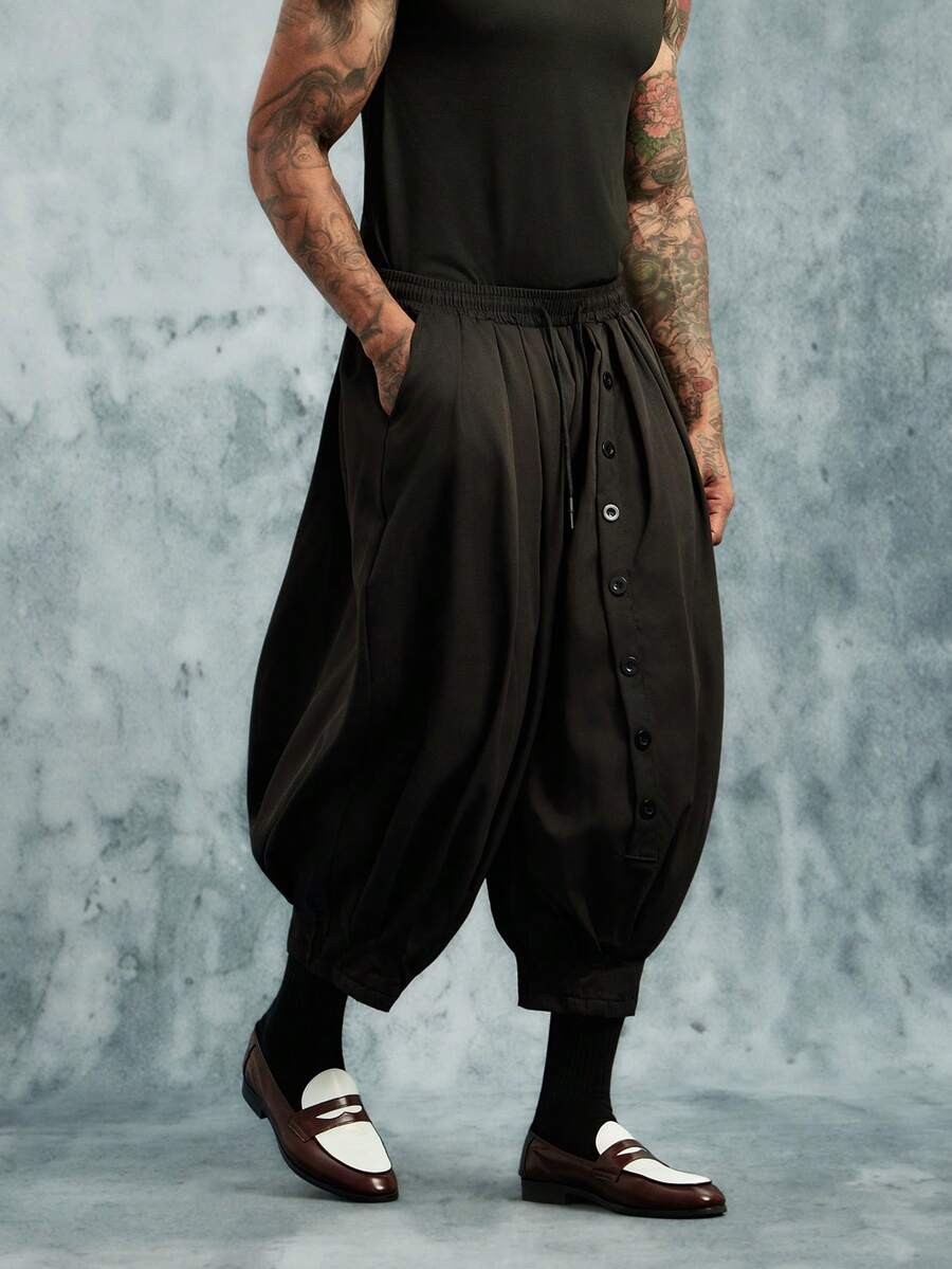 INCRYTM New Men's Casual Wide Leg Loose Baggy Cropped Lantern Pants With Unique Design, Black Baggy Pants, Fall Wide Leg - Black - View 1
