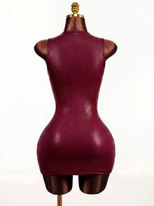 Mistrie Women's PU Leather Eyelet Decor Sexy Date Party Dress - Burgundy - View 5