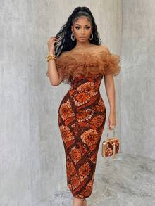 SHEIN Women's Elegant Brown Off-Shoulder Ruffle Print Maxi Dress, Slim Bodycon Back Slit Ankle-Length Gown, Exotic Occasion Wear For Party Banquet Date. - Brown - View 4