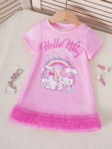 HELLO KITTY AND FRIENDS | SHEIN 女嬰圓領字母卡通印花休閒日常穿著洋裝 - 粉色 - 查看 1