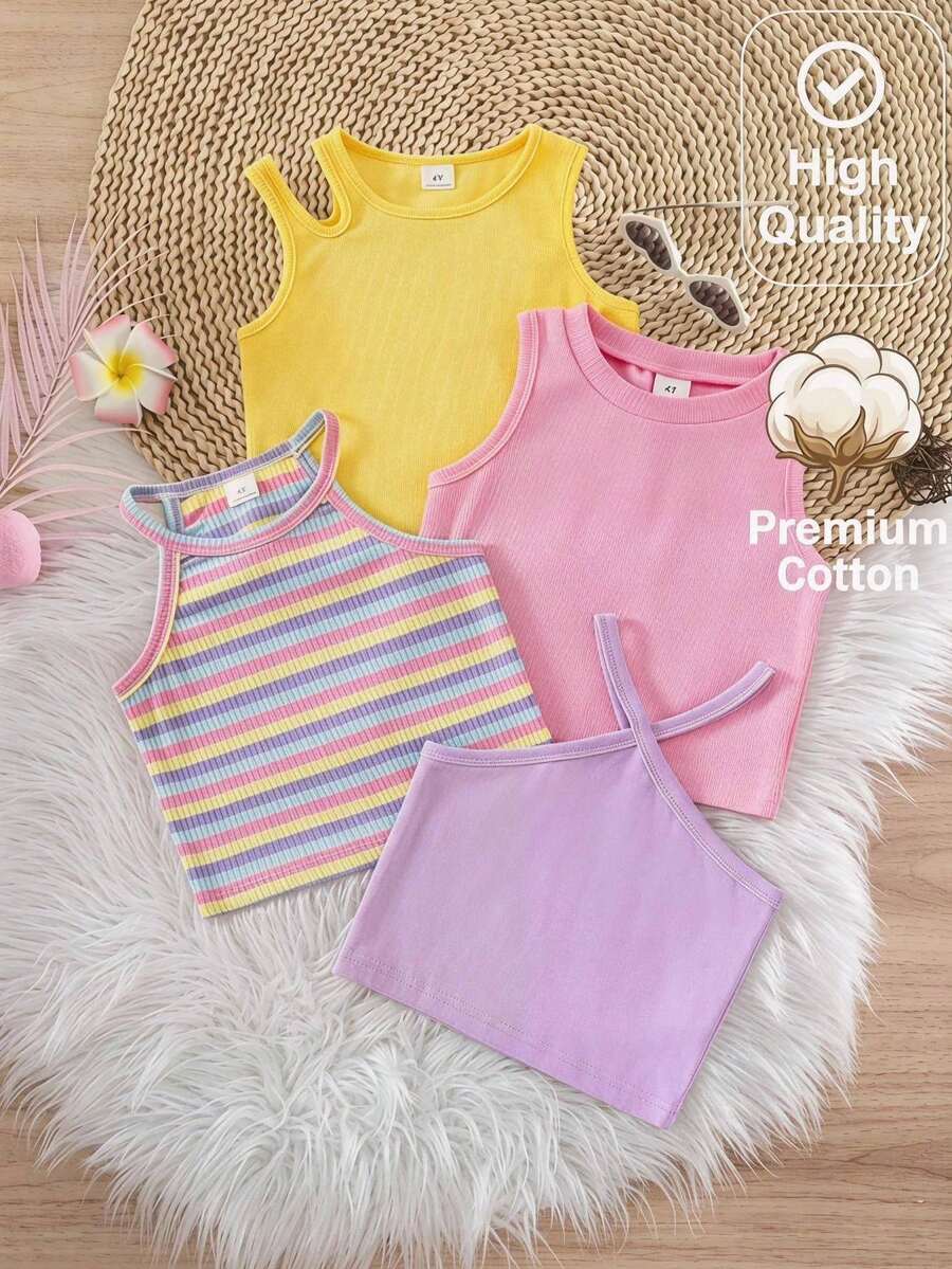 SHEIN Elladie kids 4件套夏季新款少女彩色多巴胺上衣套装,针织面料浅粉色无袖圆领上衣+黄色不对称镂空肩上衣+紫色交叉上衣+条纹上衣,可爱休闲时尚,适合小女孩 - 彩色 - 查看 1