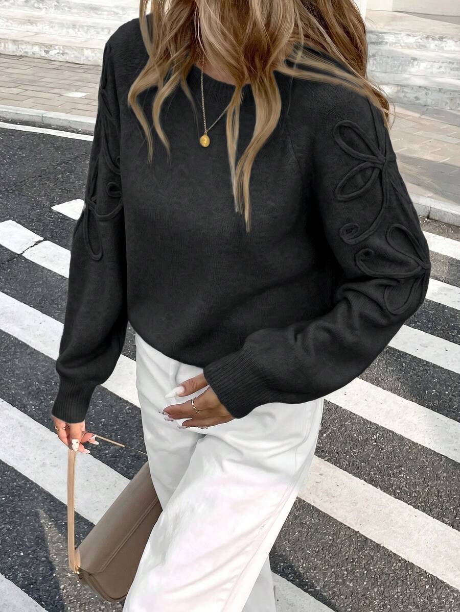 Serisse Women's Solid Color Long Sleeve Crew Neck Floral Pattern Sweater Daytime Charcoal Gray Autumn Casual - Dark Grey - View 1
