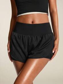 SHEIN BAE Wideband Waist Dolphin Hem Sports Shorts Stretchy Shorts Sweater Shorts - Black - View 5