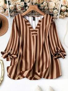 SHEIN Clasi Kemeja Kasual Wanita Ukuran Besar Bergaris Leher V dengan Ikatan Depan untuk Musim Gugur - Coffee Brown - View 1