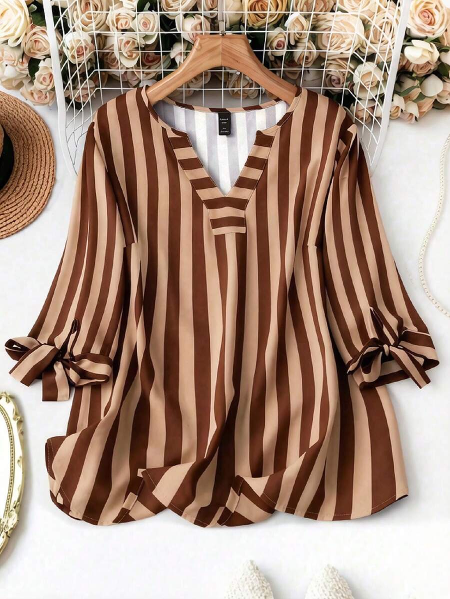 SHEIN Clasi Kemeja Kasual Wanita Ukuran Besar Bergaris Leher V dengan Ikatan Depan untuk Musim Gugur - Coffee Brown - View 1