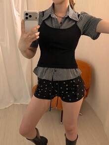 DAZY 女款層次感掛脖短袖T恤性感休閒波希米亞優雅高級法式復古修身2件套夏季校園黑色 - 黑色 - 查看 5