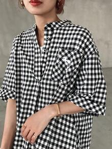 FRIFUL Women's Summer New Plaid Embroidery Print Pleated Loose Casual Versatile Long Dress Sundress - Black and White - View 4