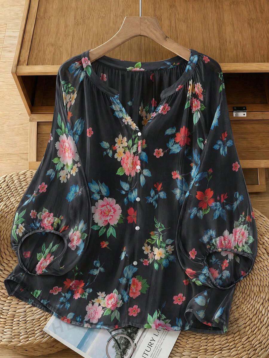 SHEIN LUNE CURVE 復古V領燈籠袖度假風寬鬆休閒大尺碼女款上衣 - 黑色 - 查看 1
