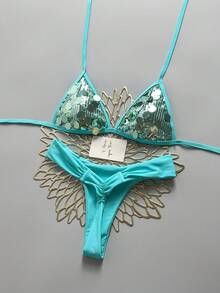 Swim Mod 女款 2 件式比基尼套裝，香檳金亮片布料三角繫帶上衣與抓褶比基尼褲，夏季海灘泳裝套裝 - 藍色 - 查看 1
