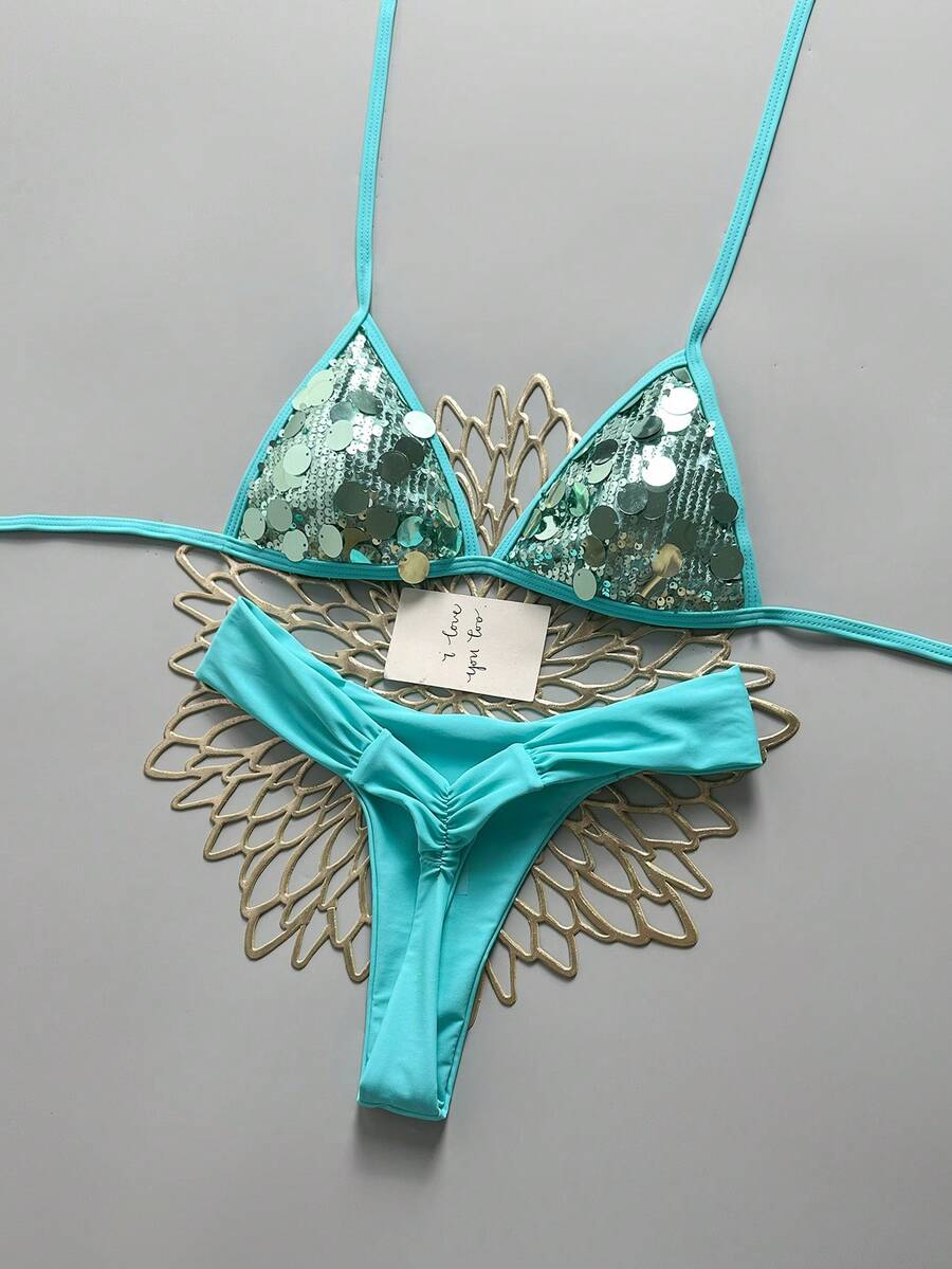 Swim Mod 女款 2 件式比基尼套裝，香檳金亮片布料三角繫帶上衣與抓褶比基尼褲，夏季海灘泳裝套裝 - 藍色 - 查看 1