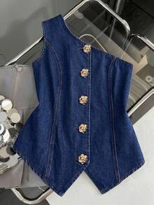 GlowEve CURVE Plus Size Summer Casual One Shoulder Sleeveless Denim Jacket - Blue - View 1