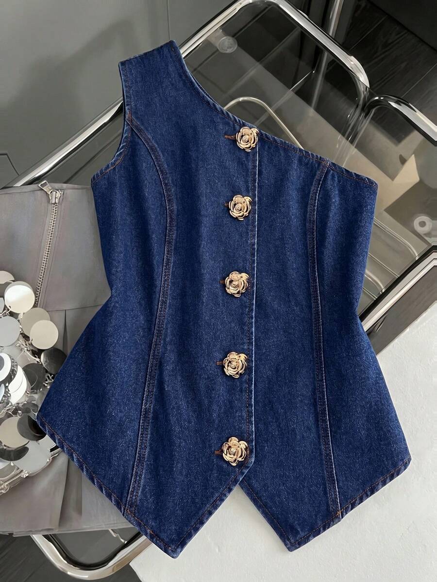 GlowEve CURVE Plus Size Summer Casual One Shoulder Sleeveless Denim Jacket - Blue - View 1
