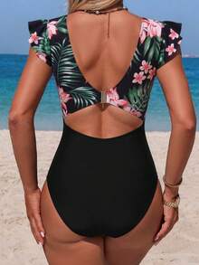 Swim Lushoire Women's Floral Print Twist Ruched Colorblock One-Piece Swimsuit, Suitable For Beach Vacation, Pool Party, Beach Party - Multicolor - View 2