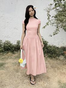 SHEIN Teen Girl Teen Girl Casual Minimalist Comfortable Cinched Waist Solid Color Long Dress - Pink - View 8