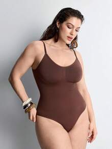 Slumbrini 1pc Women Plus Size Seamless Butt Lifting Bodysuit, Shapewear Thong, Summer - Brown - View 6