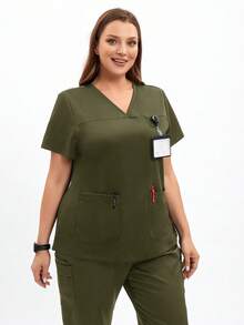 TaskEZ Scrub Tops For Women - Sweetheart V-Neck Scrub Top ,Women Short Sleeve V-Neck Nurse Uniform - Army Green - View 4