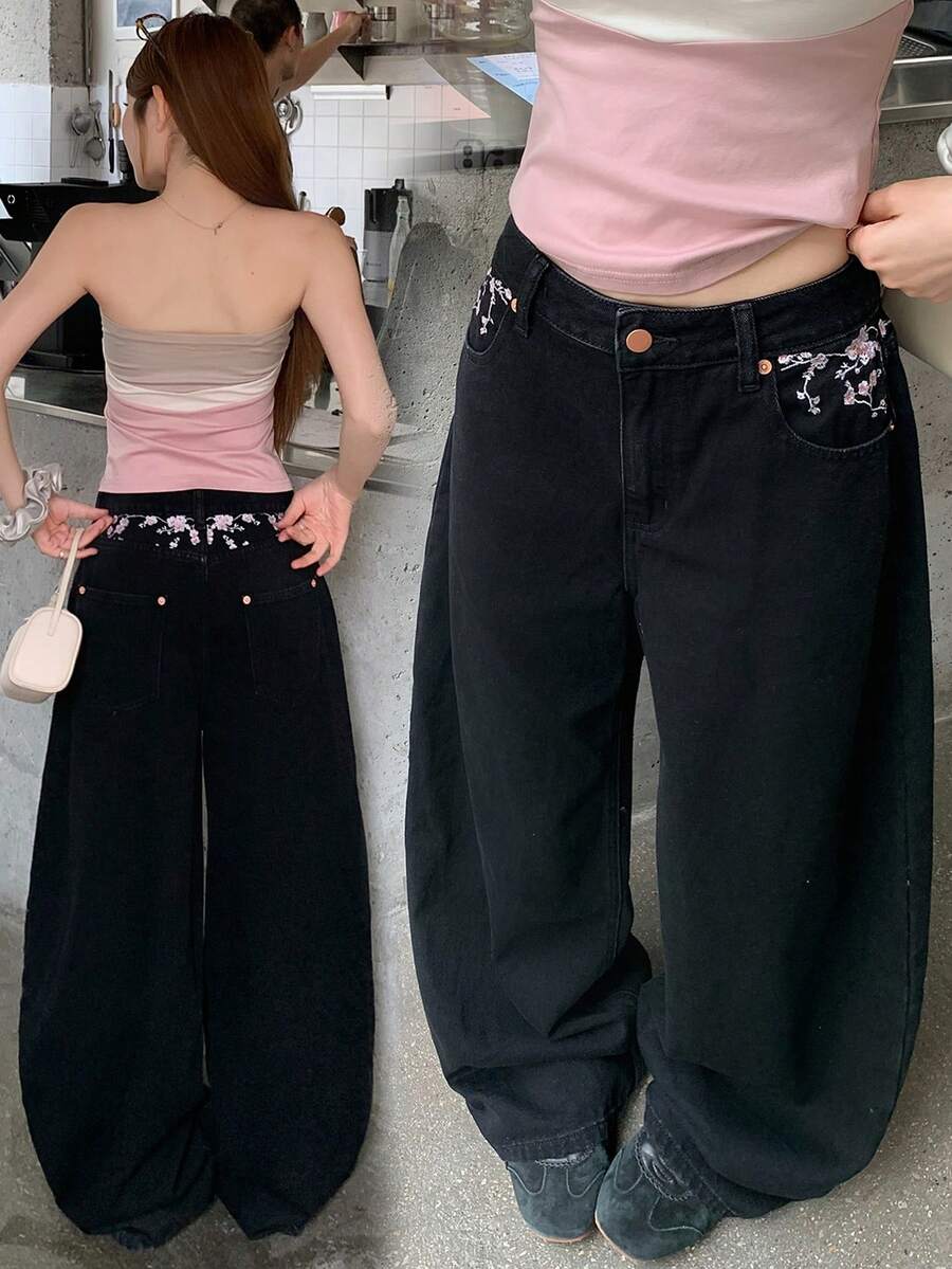 DAZY Women's Loose Floral Embroidered Casual Denim Long Pants Cute Tops - Grey - View 1