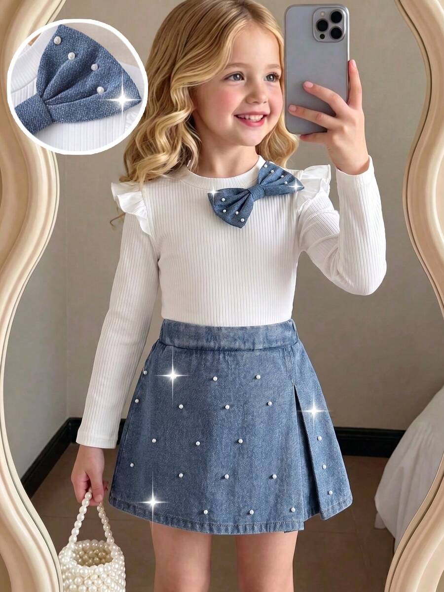 2pcs Young Girl Preppy Faux Pearl Beading Bow Knot Rib Knit Ruffle Long Sleeve Pleated A Line Skirt T Shirt Denim Skirt Set Party Fall Style