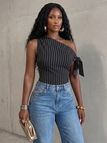 BamGlimmer Summer Oversized Sexy Rave Design Black And White Striped Sleeveless Asymmetrical Blouse For Women Vacation Club Night Out Date Night - Black and White - View 8