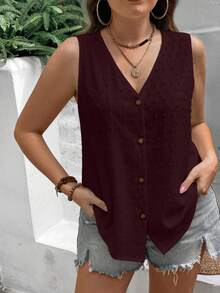EMERY ROSE 大尺碼女款百搭時尚無袖毛球上衣，修身優雅極簡風襯衫，適合日常穿著 - 酒紅色 - 查看 5