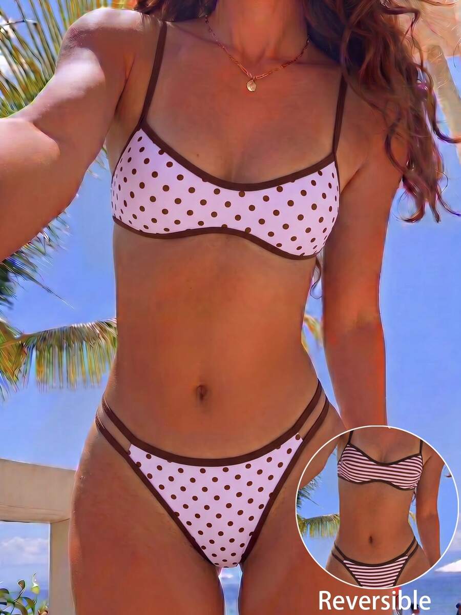 Swim Mod 女款海灘裝復古圓點印花條紋印花可正反穿著微型比基尼抹胸式時尚休閒度假性感甜美可愛復古優雅泳衣兩件套 - 彩色 - 查看 1