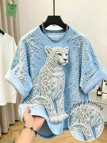 Resyla Camiseta azul bebé, estampado de leopardo, camiseta de cuello redondo, top de mujer, top de verano, actual, tops de moda, tops de streetwear, streetwear para mujeres, top Y2K, - Multicolor - Ver 1
