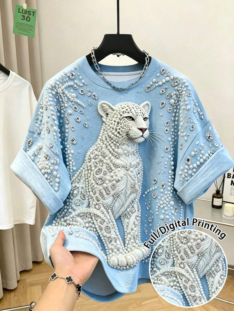 Resyla Camiseta azul bebé, estampado de leopardo, camiseta de cuello redondo, top de mujer, top de verano, actual, tops de moda, tops de streetwear, streetwear para mujeres, top Y2K, - Multicolor - Ver 1