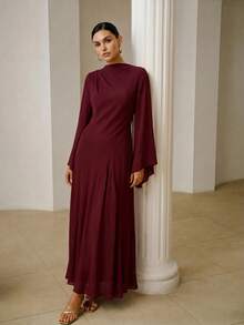 ZEYLAH Asymmetrical Fitted Long Dress With Large Sleeves, Spring - Burgundy - View 3