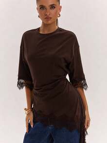 SHEIN BAE 女款蕾絲拼接修身百搭日常穿搭上衣 - 咖啡棕 - 查看 5