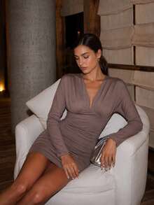 COSMINA Women's Elegant Sexy Slim Fit Mini Dress Night Out Date Night Rusty Dusty Autumn Graduation Party Mauve Shades Of Brown - Dark Grey - View 2