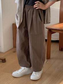 DAZY Tween Boy Solid Color Elastic Waist Pockets Loose Tapered Casual Pants - Brown - View 5