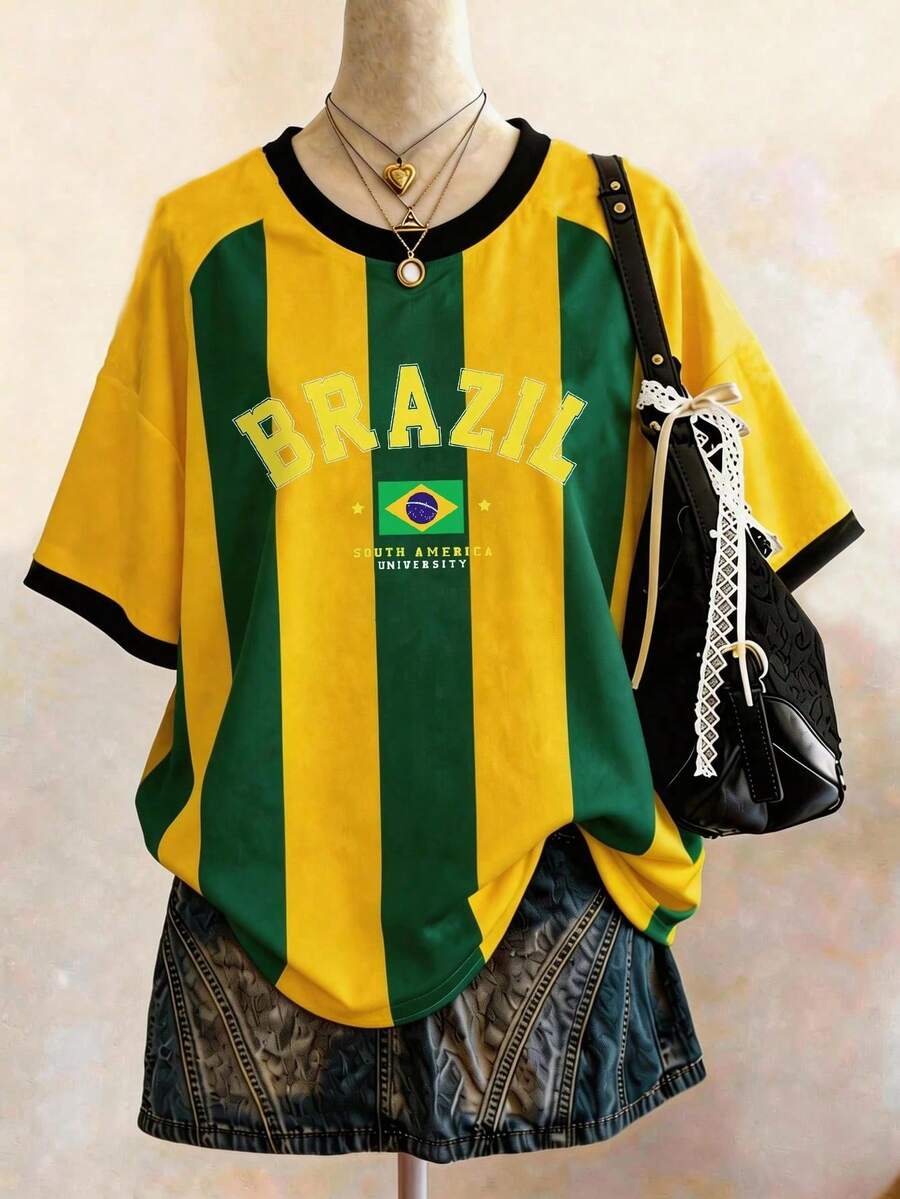 青少年女孩夏季休閒拼色條紋巴西印花T恤 - 彩色 - 查看 1