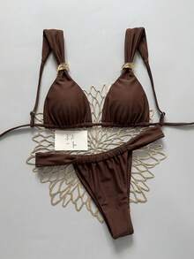 Elavelle Setelan Baju Renang Dua Potong Wanita Musim Panas untuk Pantai, Bikini dan Celana Dalam Segitiga dengan Dekorasi Logam Warna Polos - Hitam - View 2