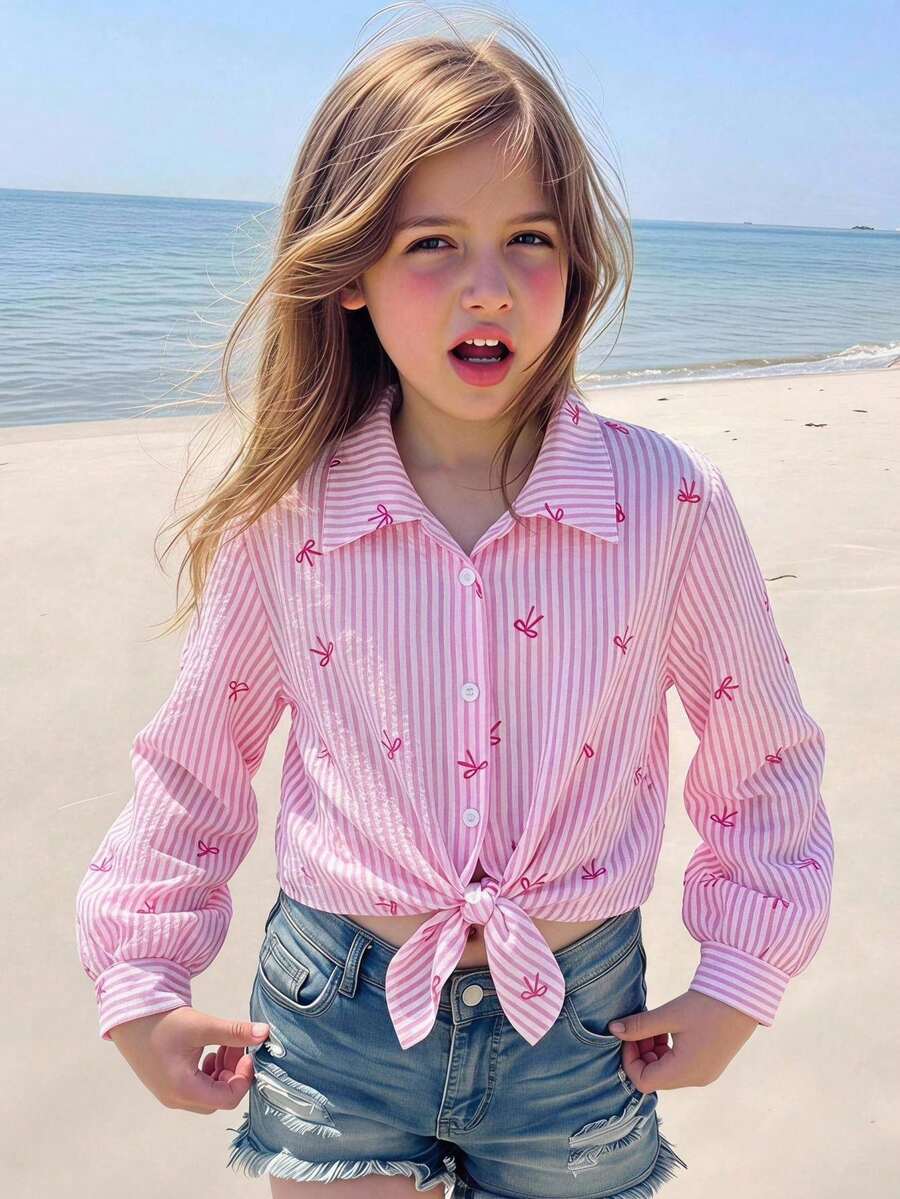 SHEIN Elladie kids 女童甜美風粉色與白色條紋蝴蝶結印花薄襯衫，翻領設計，前襟繫繩結，短版，泡泡袖，夏季休閒出遊與度假開襟上衣