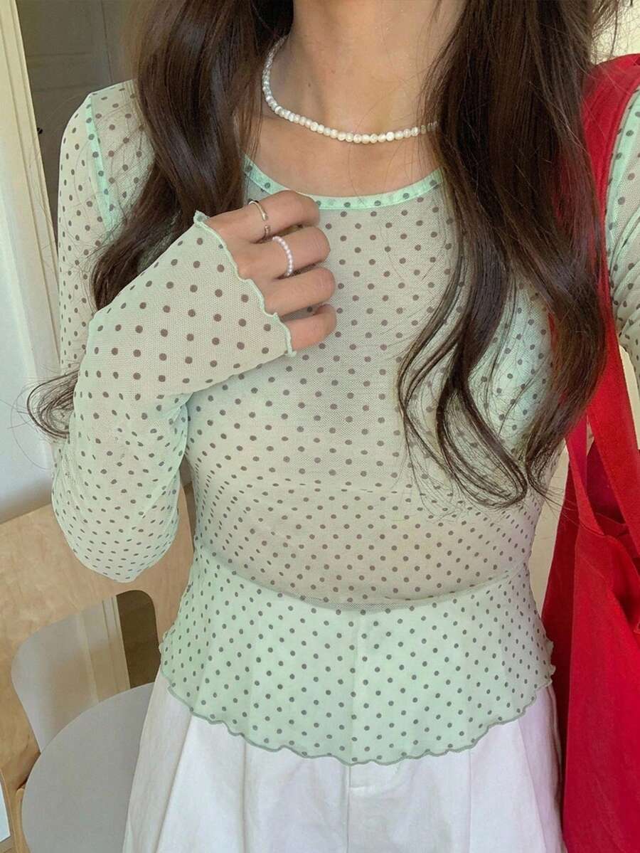 DAZY 女款圓點透視長袖圓領打底上衣 春夏款 - 薄荷綠 - 查看 1